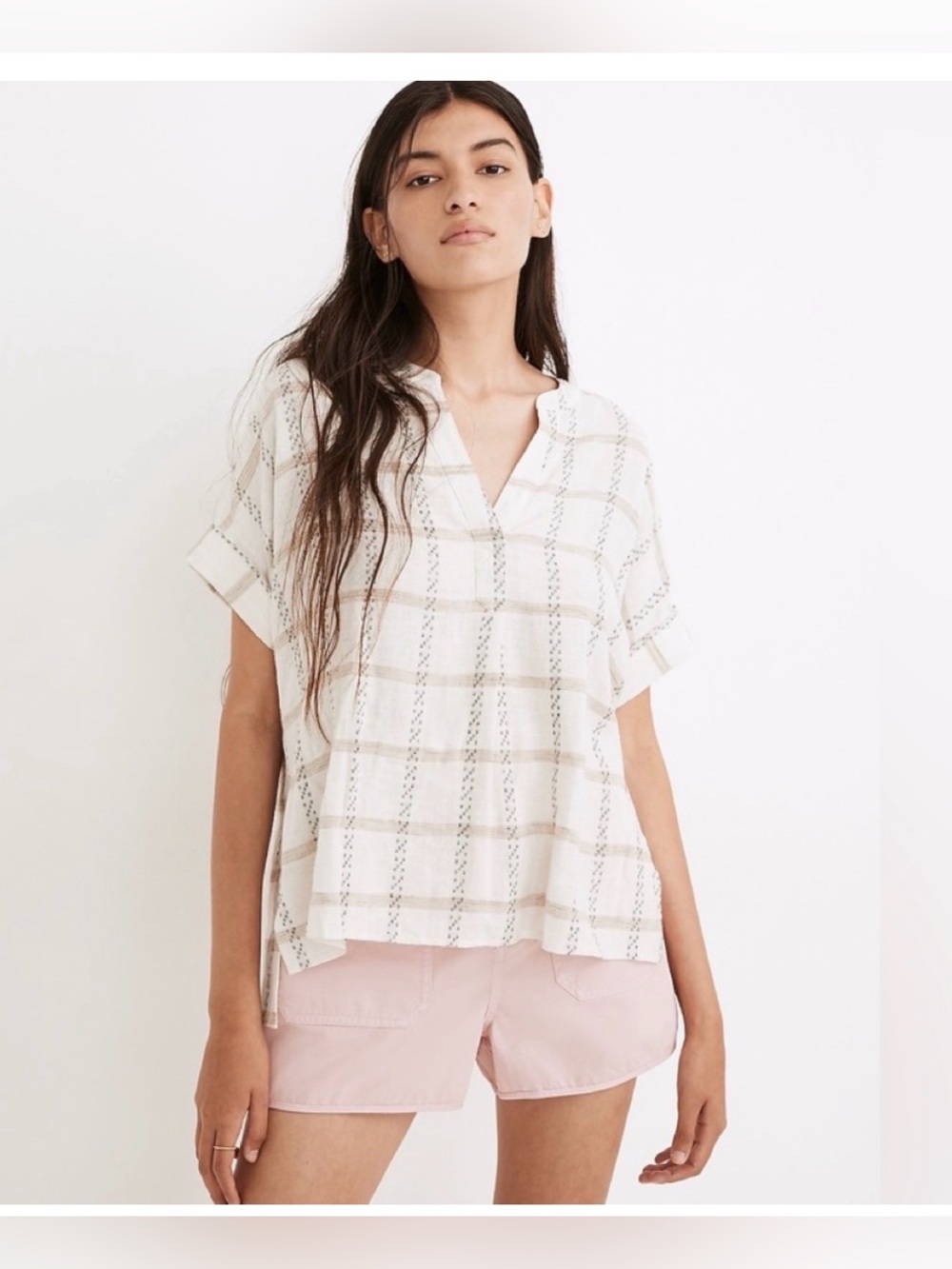 Madewell Lakeline Popover Plaid Short-Sleeve  Top